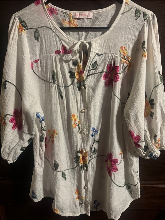 Ana and Rose Tops - White Embroidered Button-Down Peasant Top